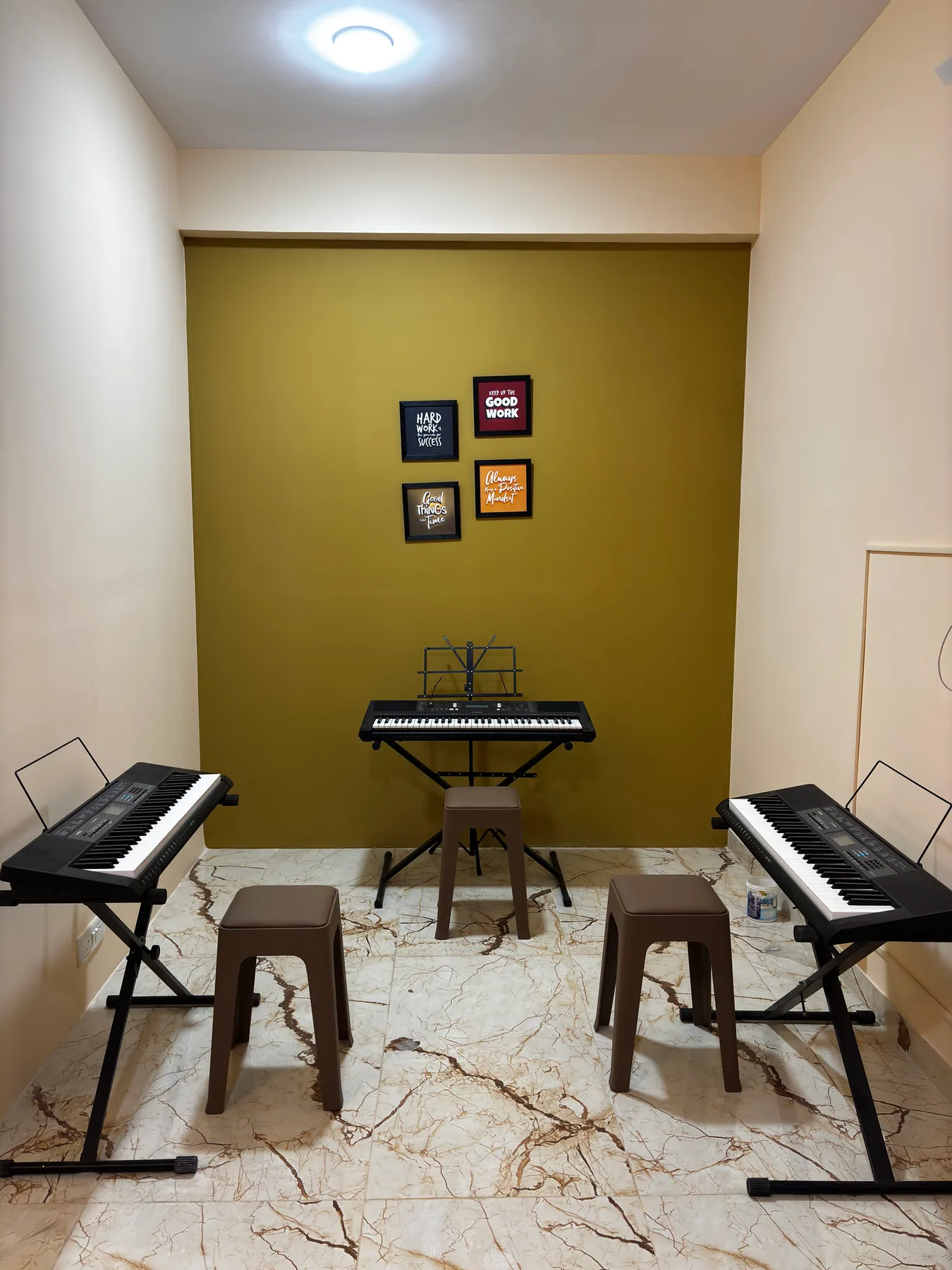 Soundproof music room with keyboard and music stand